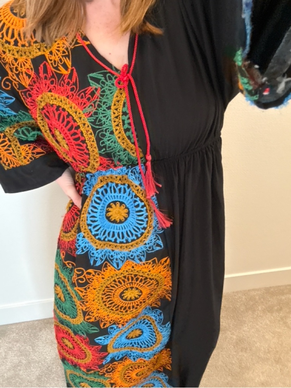 Boho Embroidered Kaftan Dress Free Size Black Colorful Mandala Resort Cover Up